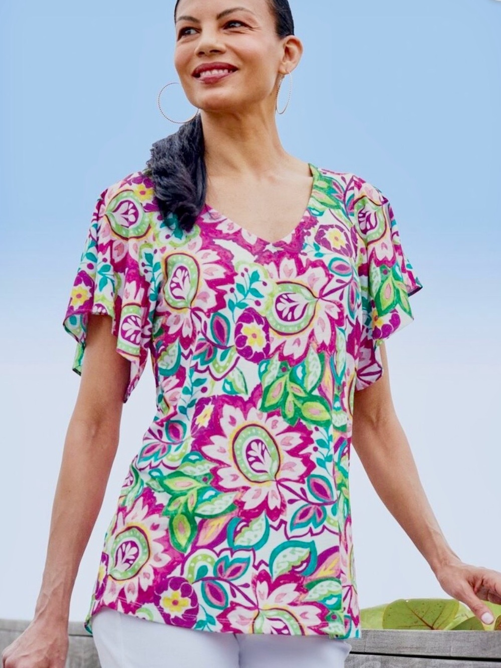 Floral V-Neck Flutter V-Neck Tee by Soft Surroundings